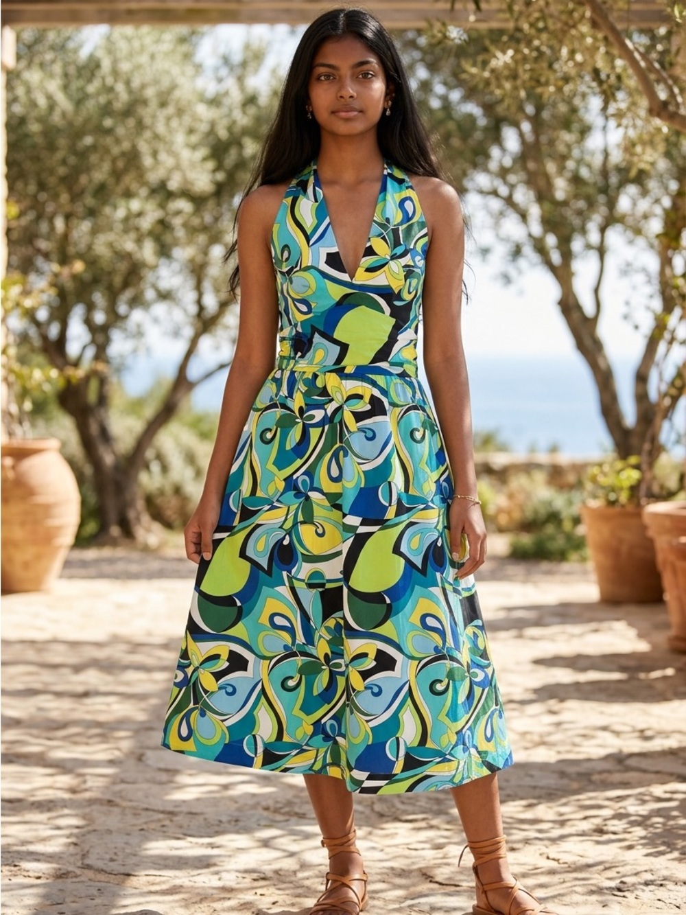 Boston Proper Retro print Halter Dress Summer Wedding Sz 4 NWT